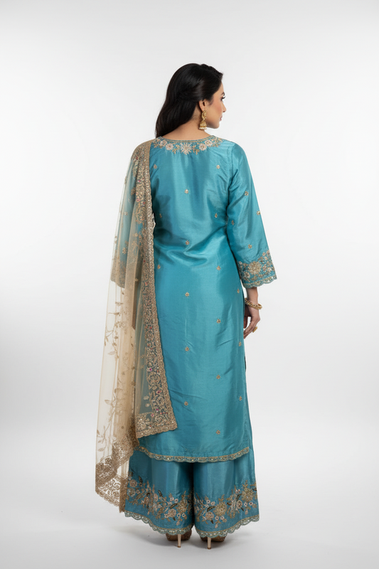 Mint Grey Embroidered Suit Set with Dupatta