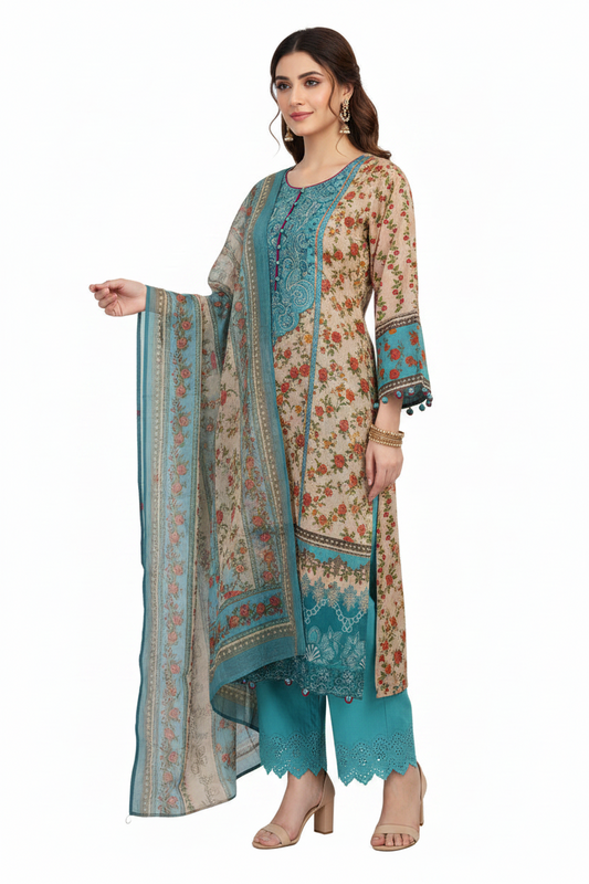 Teal Blue Floral Printed Suit