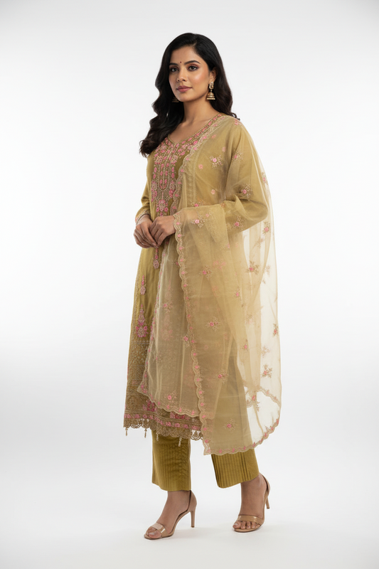 Olive Gold Organza Embroidered Suit