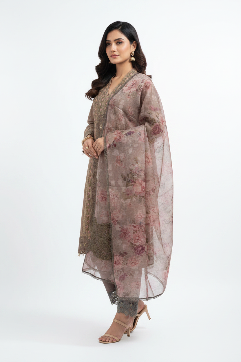 Mocha Brown Embroidered Cotton Suit