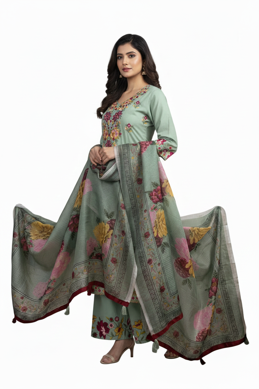 Sage Green Flowy Anarkali Suit with Dupatta