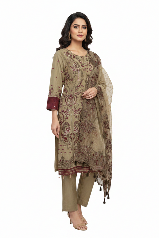 Beige Embroidered 3-Piece Suit