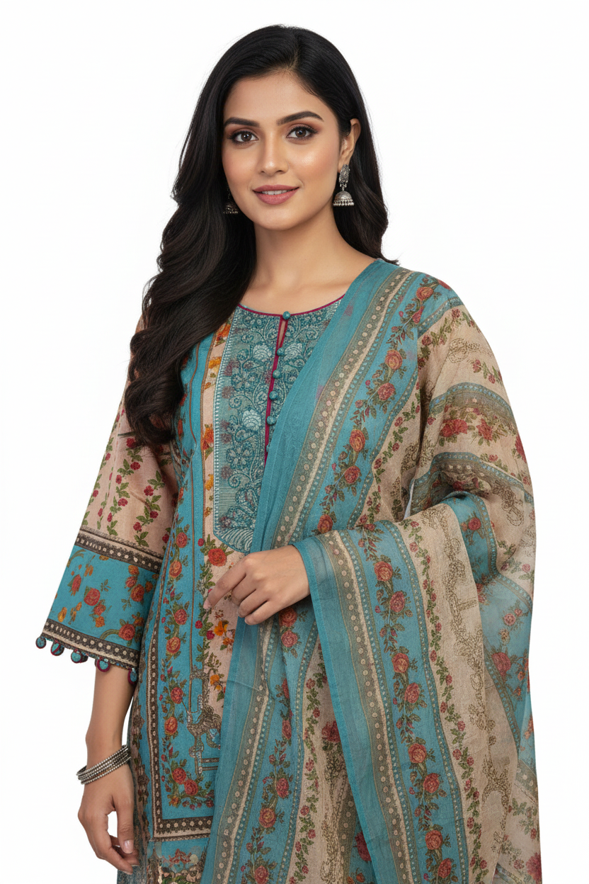 Teal Blue Floral Printed Suit