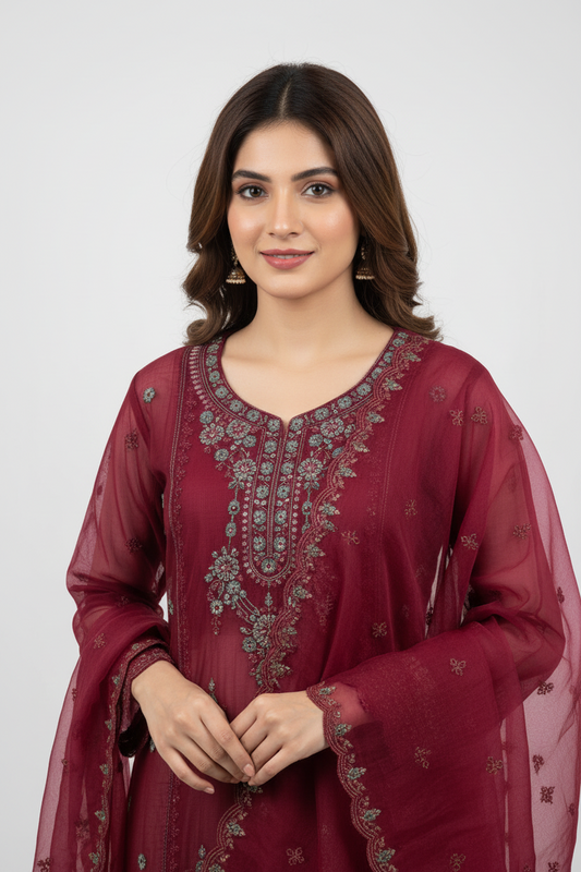 Maroon Organza Embroidered Suit