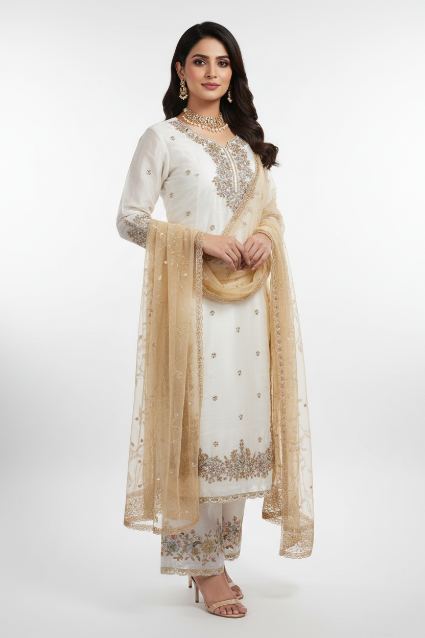 Cream Embroidered Suit Set with Dupatta