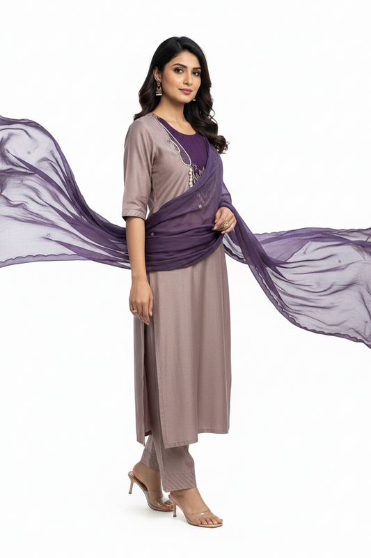 Elegant Mauve & Purple Embroidered Suit Set with Chiffon Dupatta