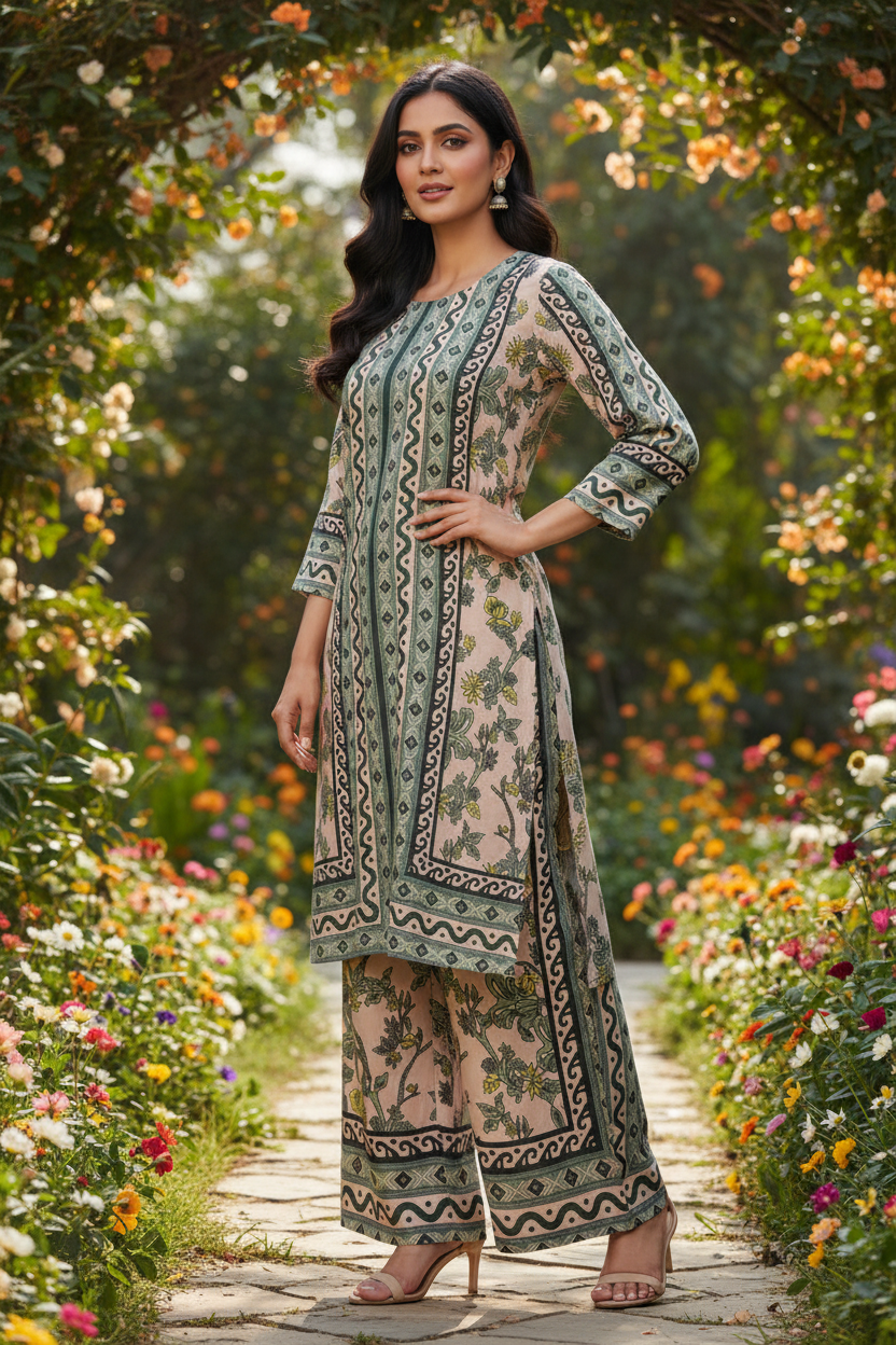 Olive Green Floral Printed Co-ord Set