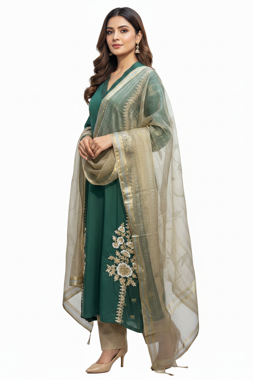 Elegant Teal Green Embroidered Suit Set with Organza Dupatta