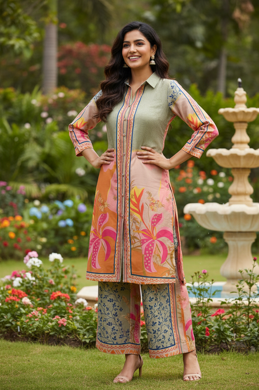 Sage Green & Peach Floral Co-ord Set
