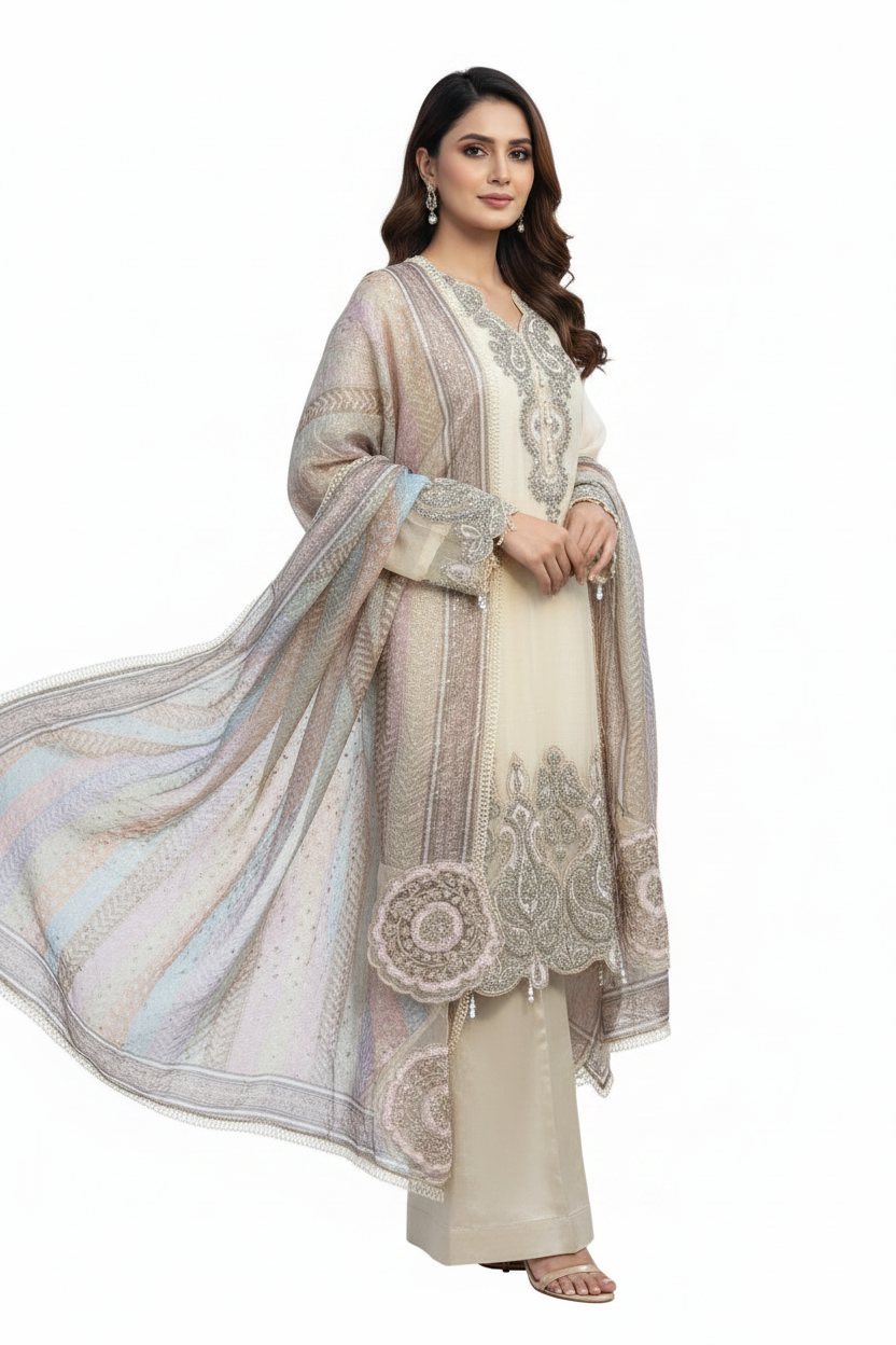 Elegant Ivory Embroidered Suit Set with Pastel Organza Dupatta