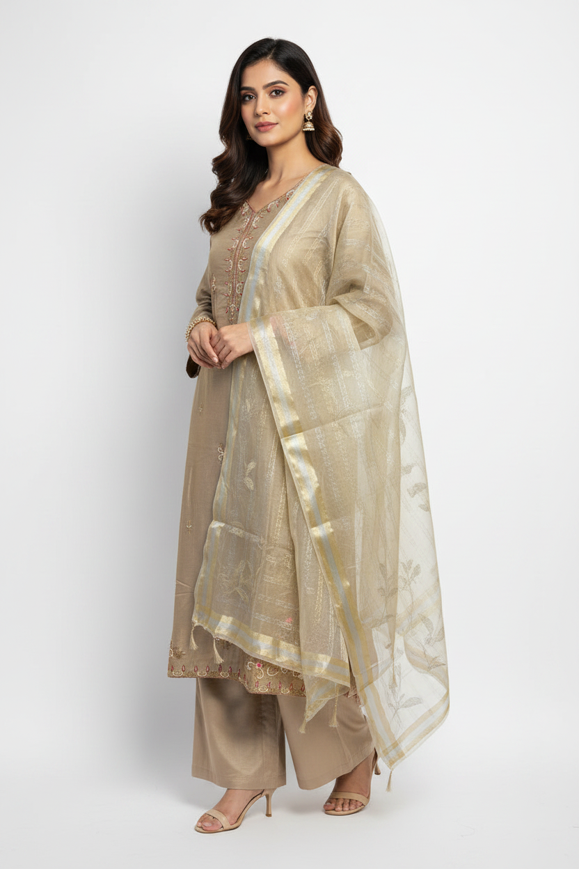 Elegant Taupe Beige Suit Set with Organza Dupatta for Women