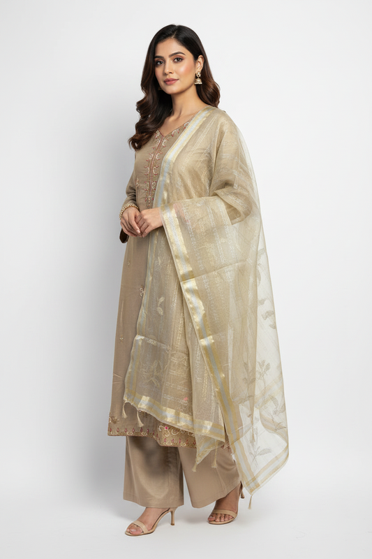 Elegant Taupe Beige Suit Set with Organza Dupatta for Women