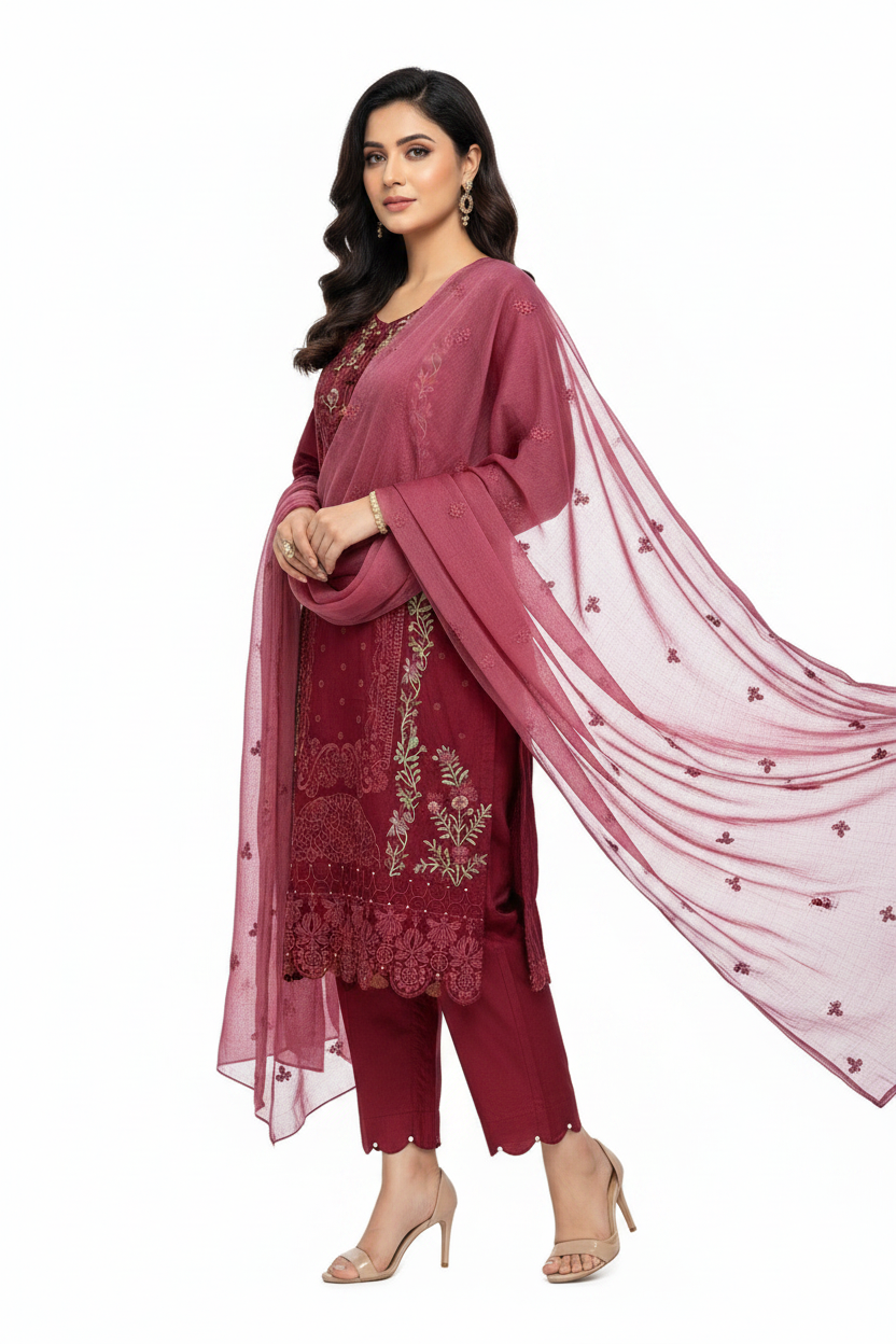 Elegant Wine Red Embroidered Suit Set with Chiffon Dupatta