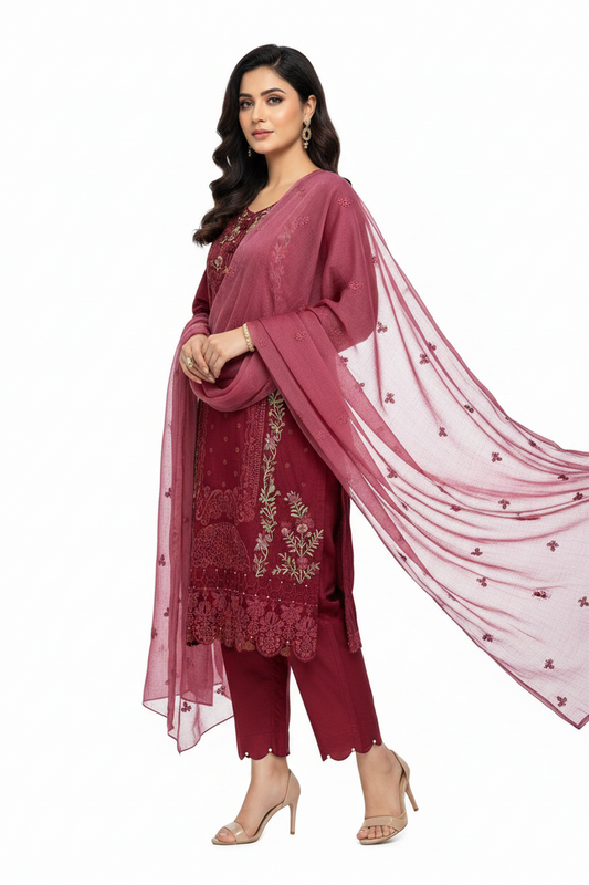Elegant Wine Red Embroidered Suit Set with Chiffon Dupatta