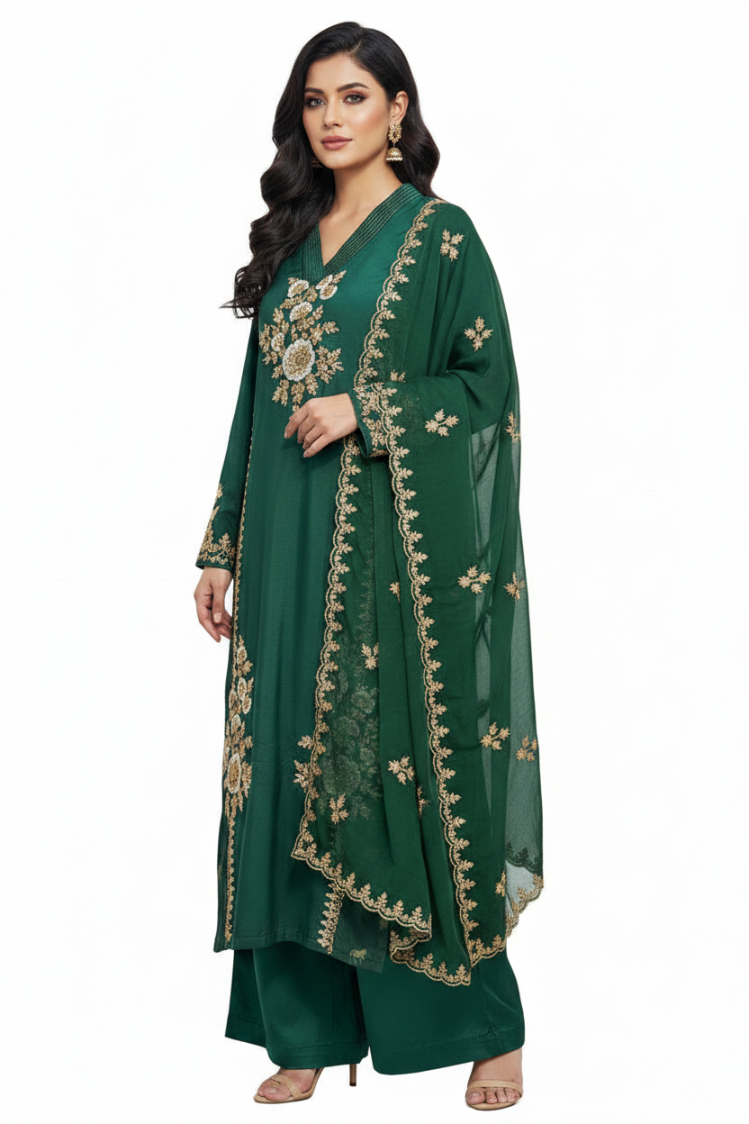 Royal Emerald Green Embroidered Suit Set with Dupatta for Women