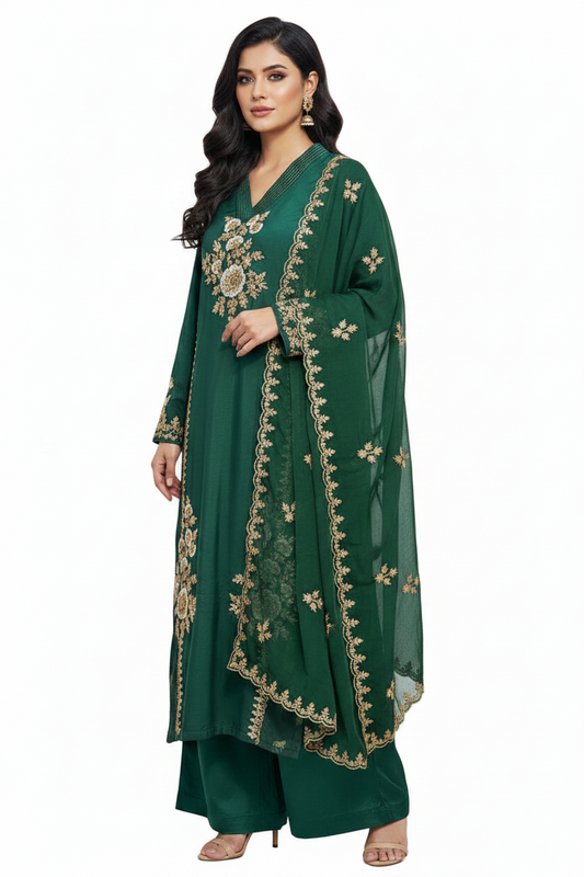Royal Emerald Green Embroidered Suit Set with Dupatta for Women