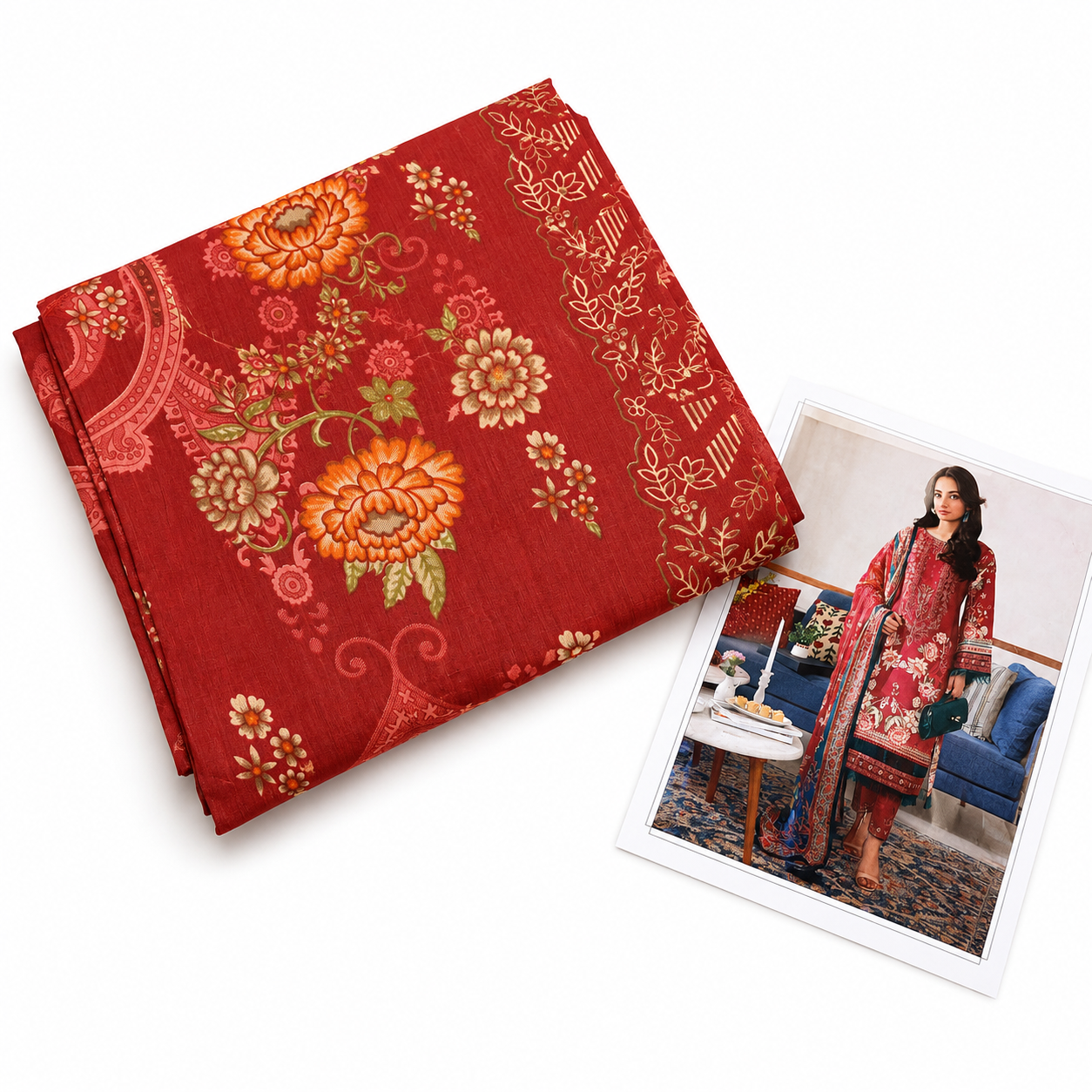 Premium Unstitched Dress Material | Red Floral Print | Non-Stretch Fabric
