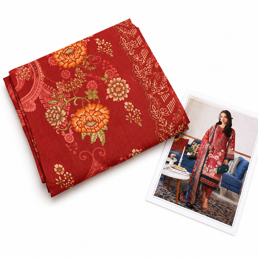 Premium Unstitched Dress Material | Red Floral Print | Non-Stretch Fabric