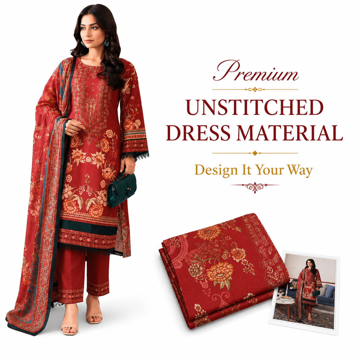 Premium Unstitched Dress Material | Red Floral Print | Non-Stretch Fabric