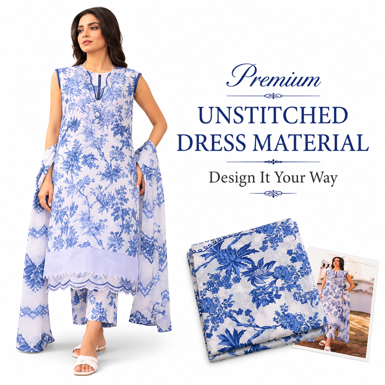 Premium Unstitched Dress Material – Blue Floral Print