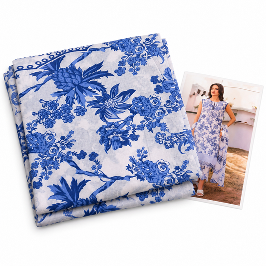 Premium Unstitched Dress Material – Blue Floral Print