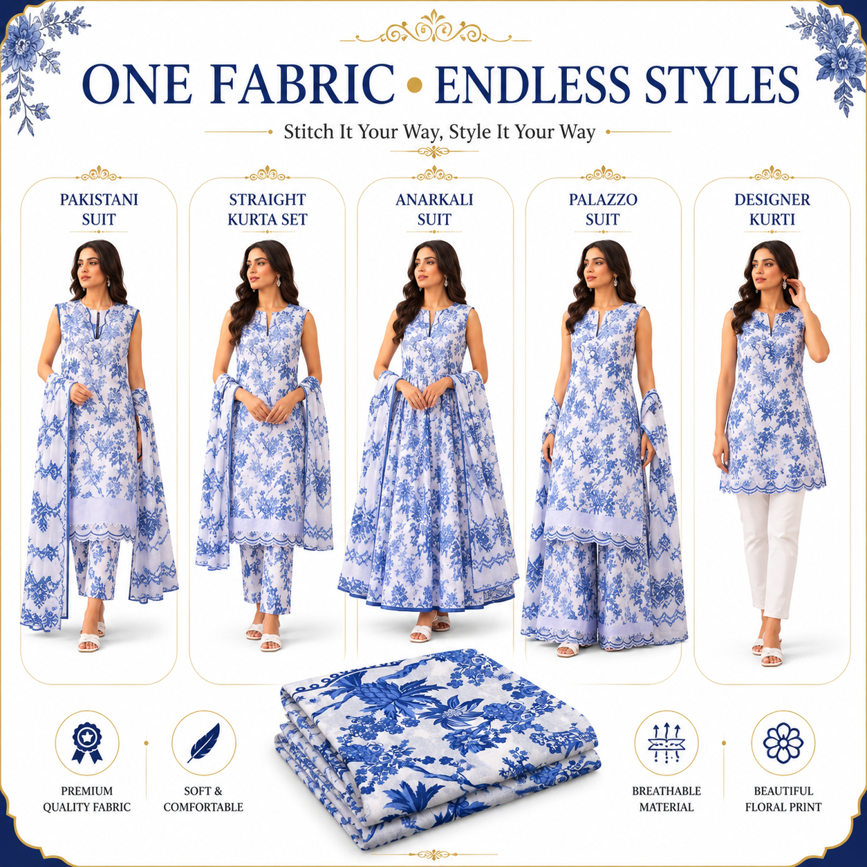 Premium Unstitched Dress Material – Blue Floral Print