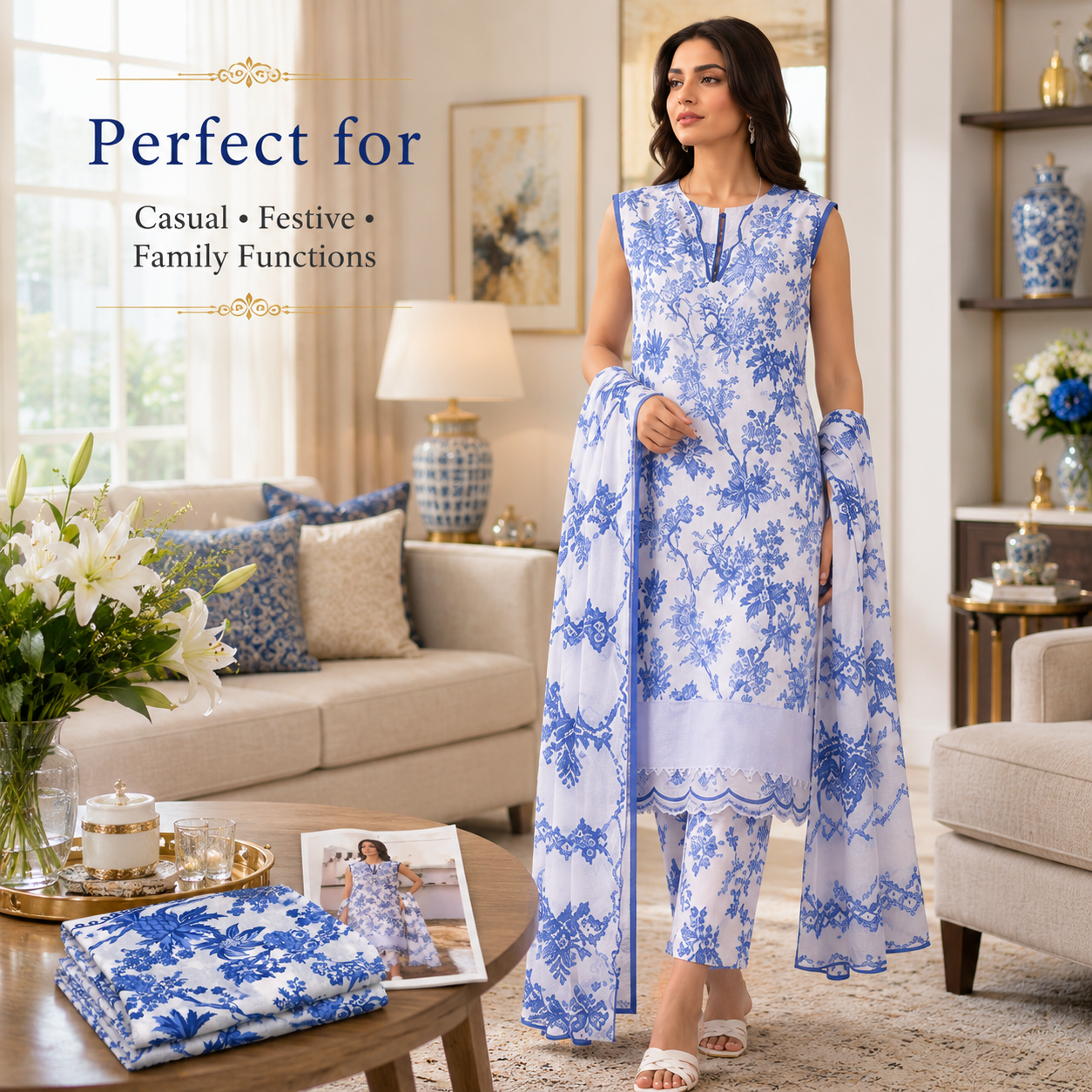 Premium Unstitched Dress Material – Blue Floral Print