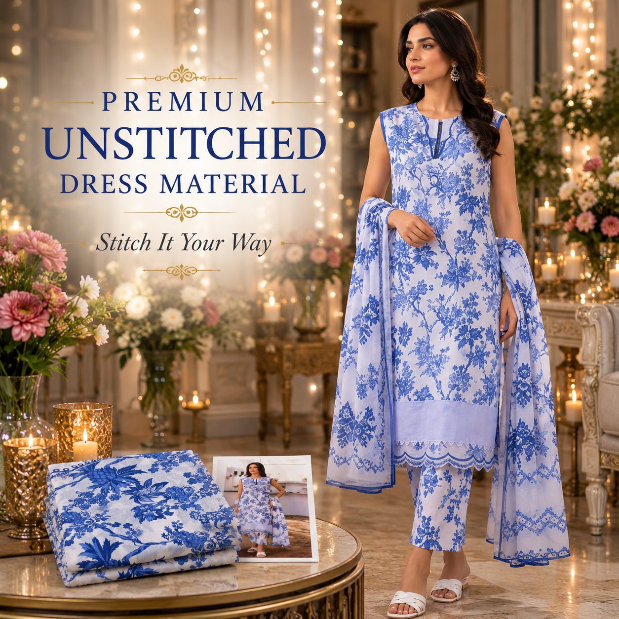 Premium Unstitched Dress Material – Blue Floral Print