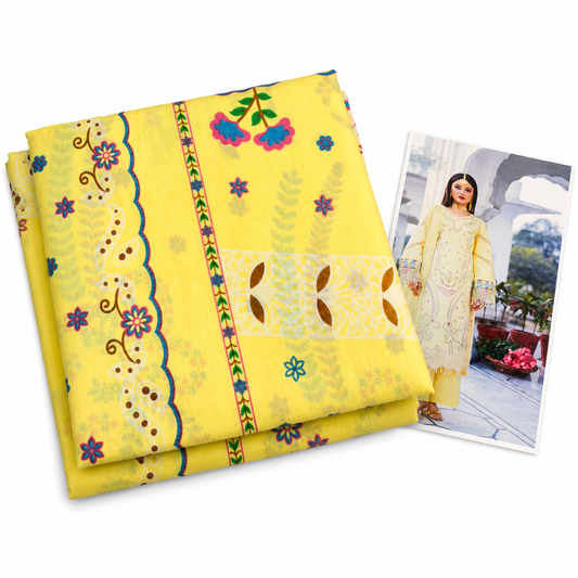 Premium Unstitched Dress Material – Yellow Floral Print
