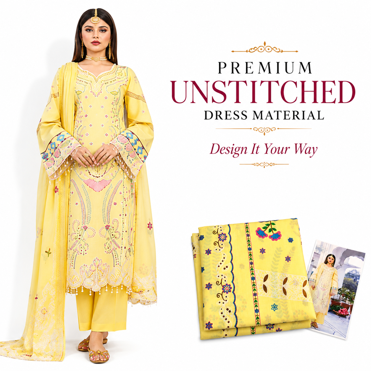 Premium Unstitched Dress Material – Yellow Floral Print