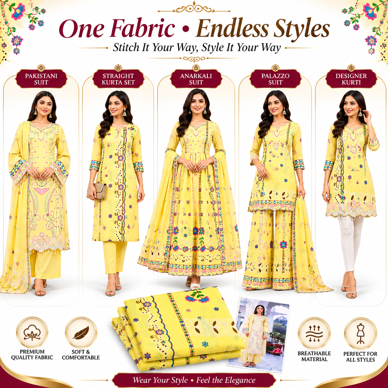 Premium Unstitched Dress Material – Yellow Floral Print