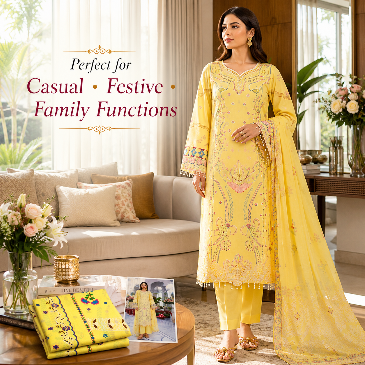 Premium Unstitched Dress Material – Yellow Floral Print