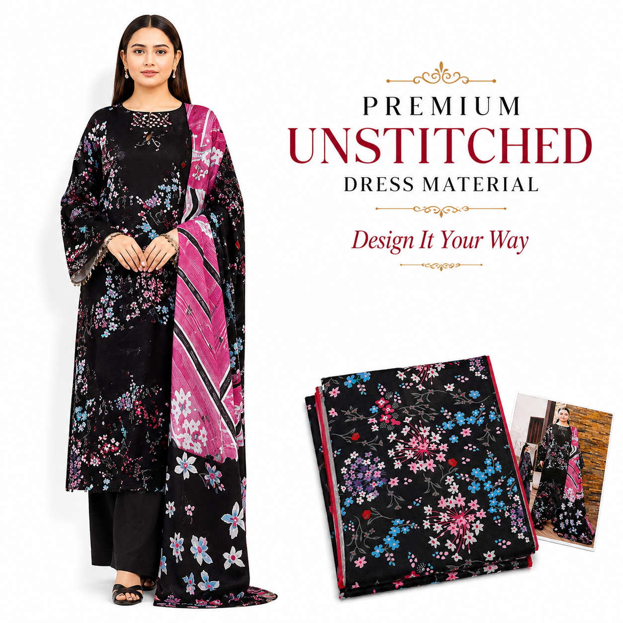 Premium Unstitched Dress Material – Black Floral Print