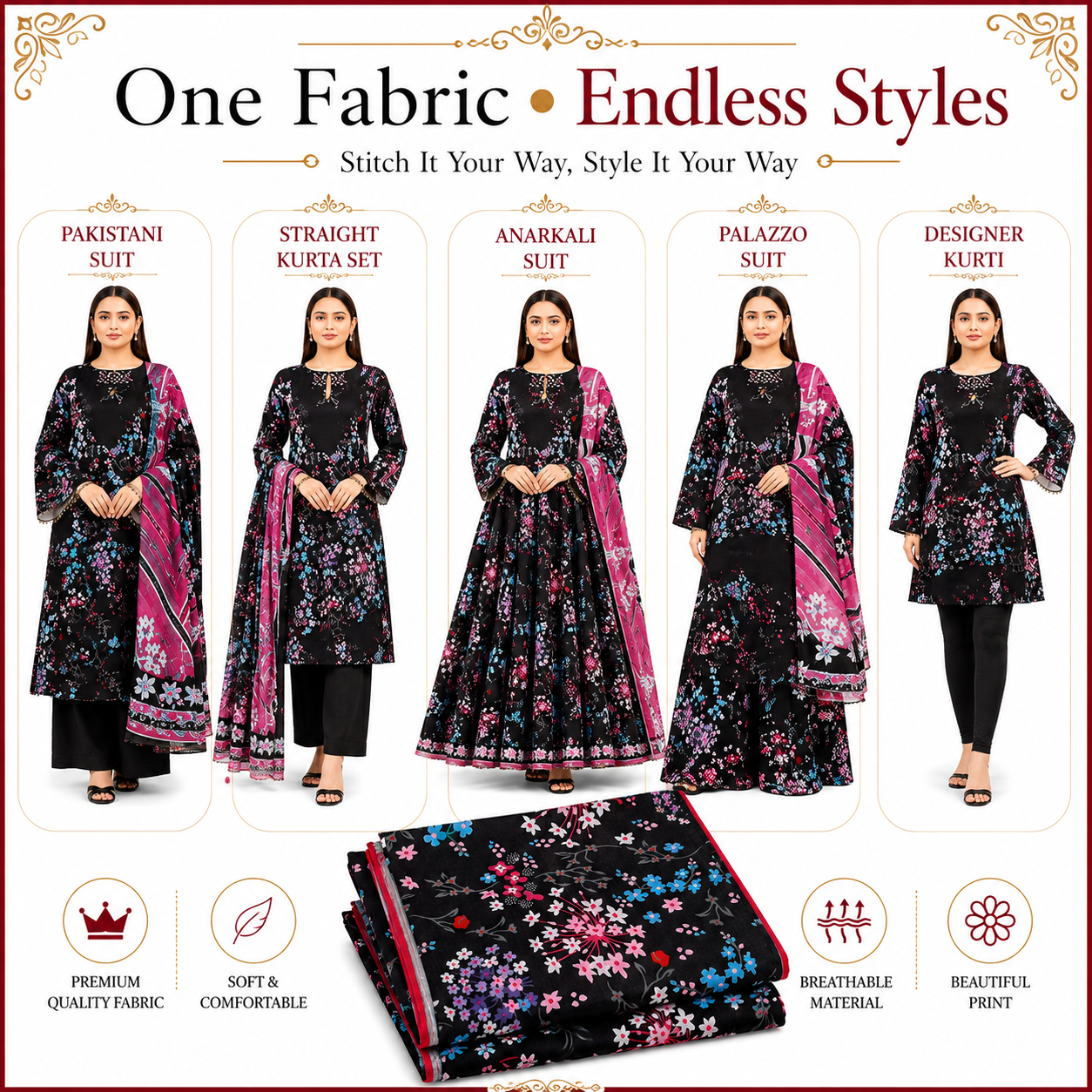 Premium Unstitched Dress Material – Black Floral Print