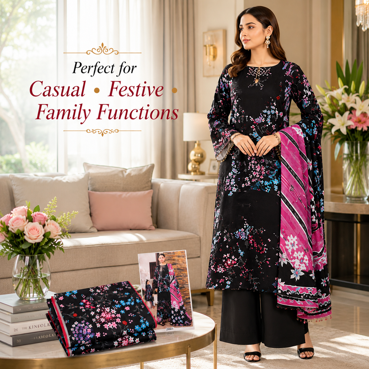 Premium Unstitched Dress Material – Black Floral Print