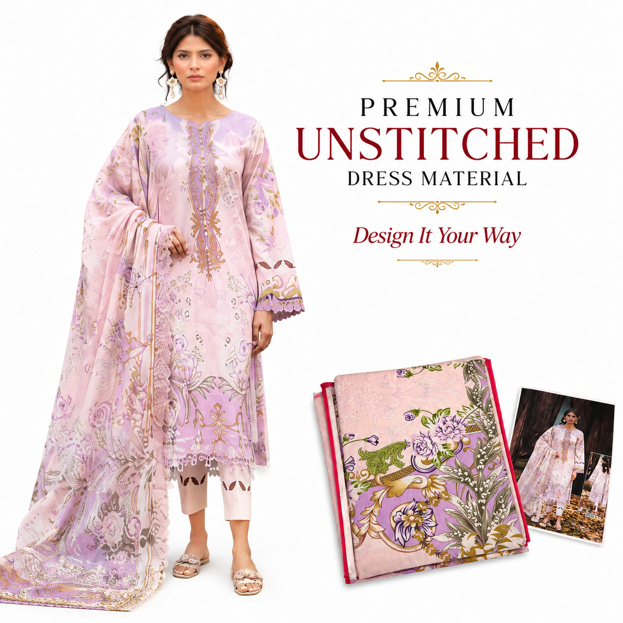 Premium Unstitched Dress Material – Pink & Lavender Floral Print