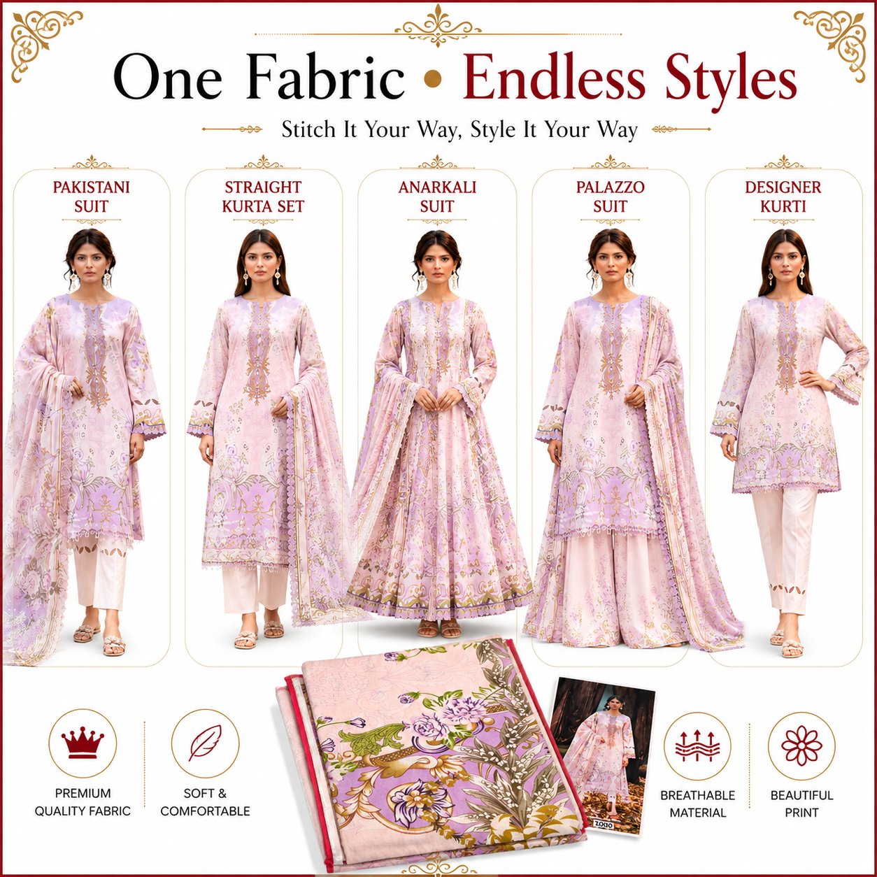 Premium Unstitched Dress Material – Pink & Lavender Floral Print