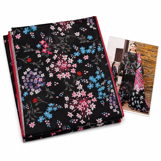 Premium Unstitched Dress Material – Black Floral Print