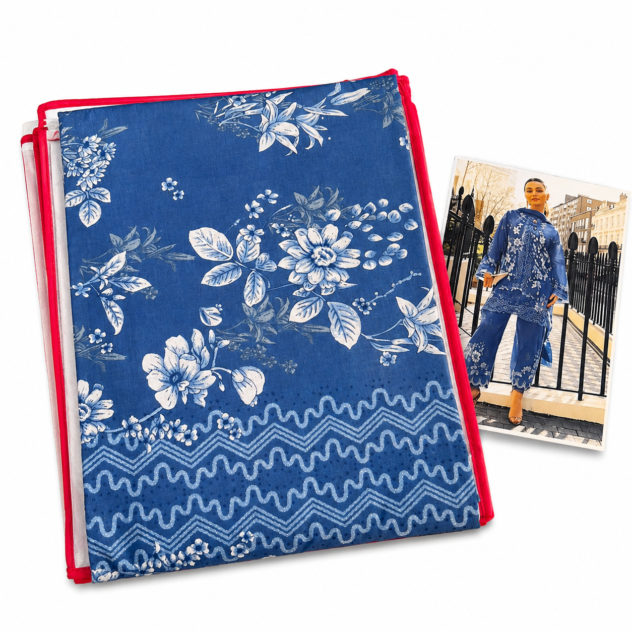 Premium Unstitched Dress Material – Royal Blue Floral Print