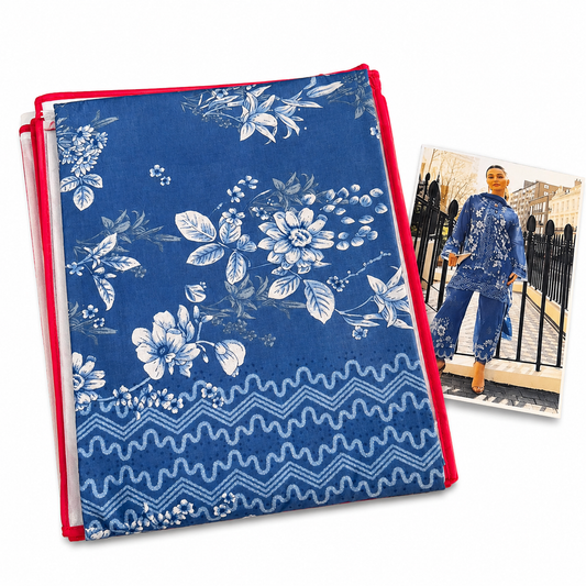 Premium Unstitched Dress Material – Royal Blue Floral Print