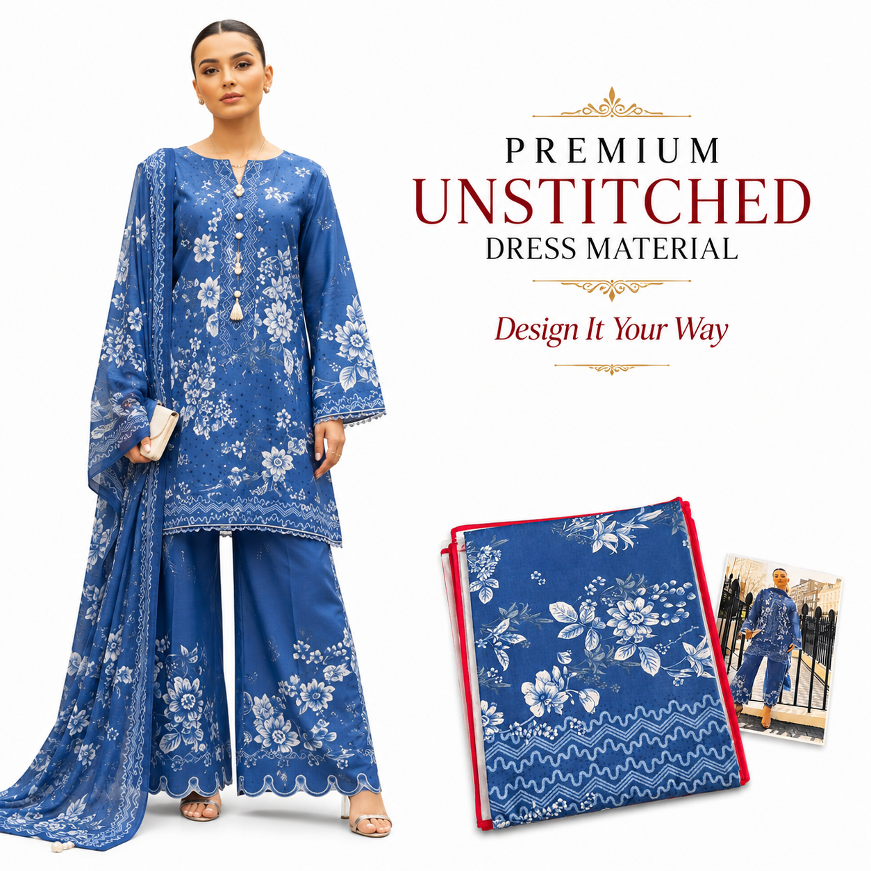 Premium Unstitched Dress Material – Royal Blue Floral Print