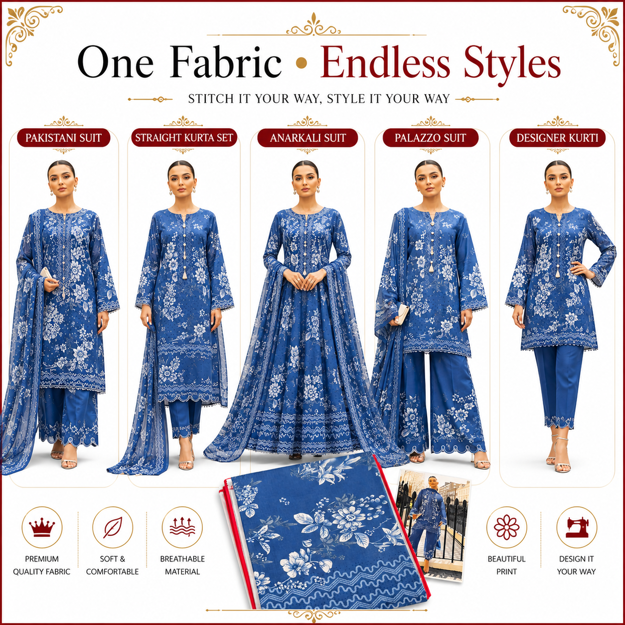 Premium Unstitched Dress Material – Royal Blue Floral Print
