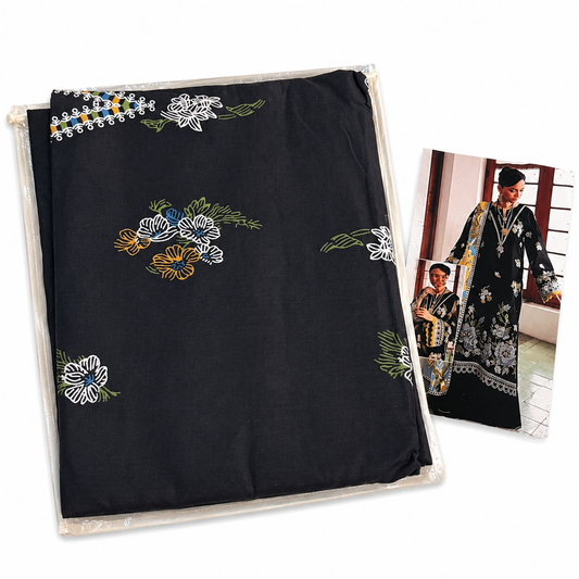 Premium Unstitched Dress Material – Black Embroidered Floral
