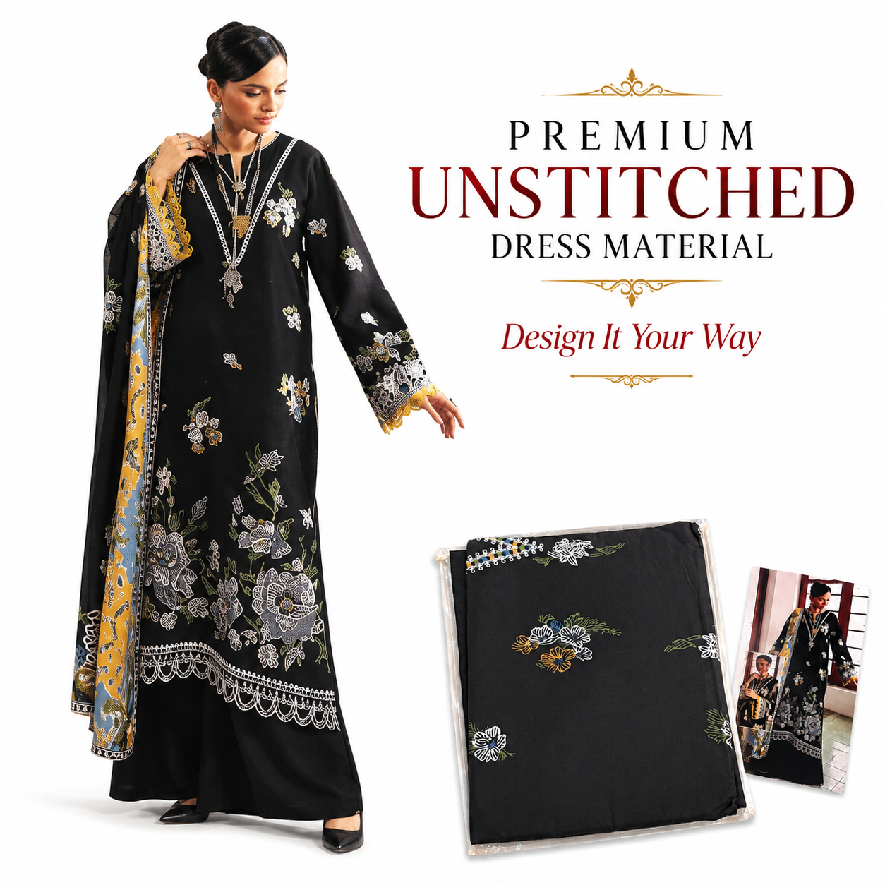 Premium Unstitched Dress Material – Black Embroidered Floral