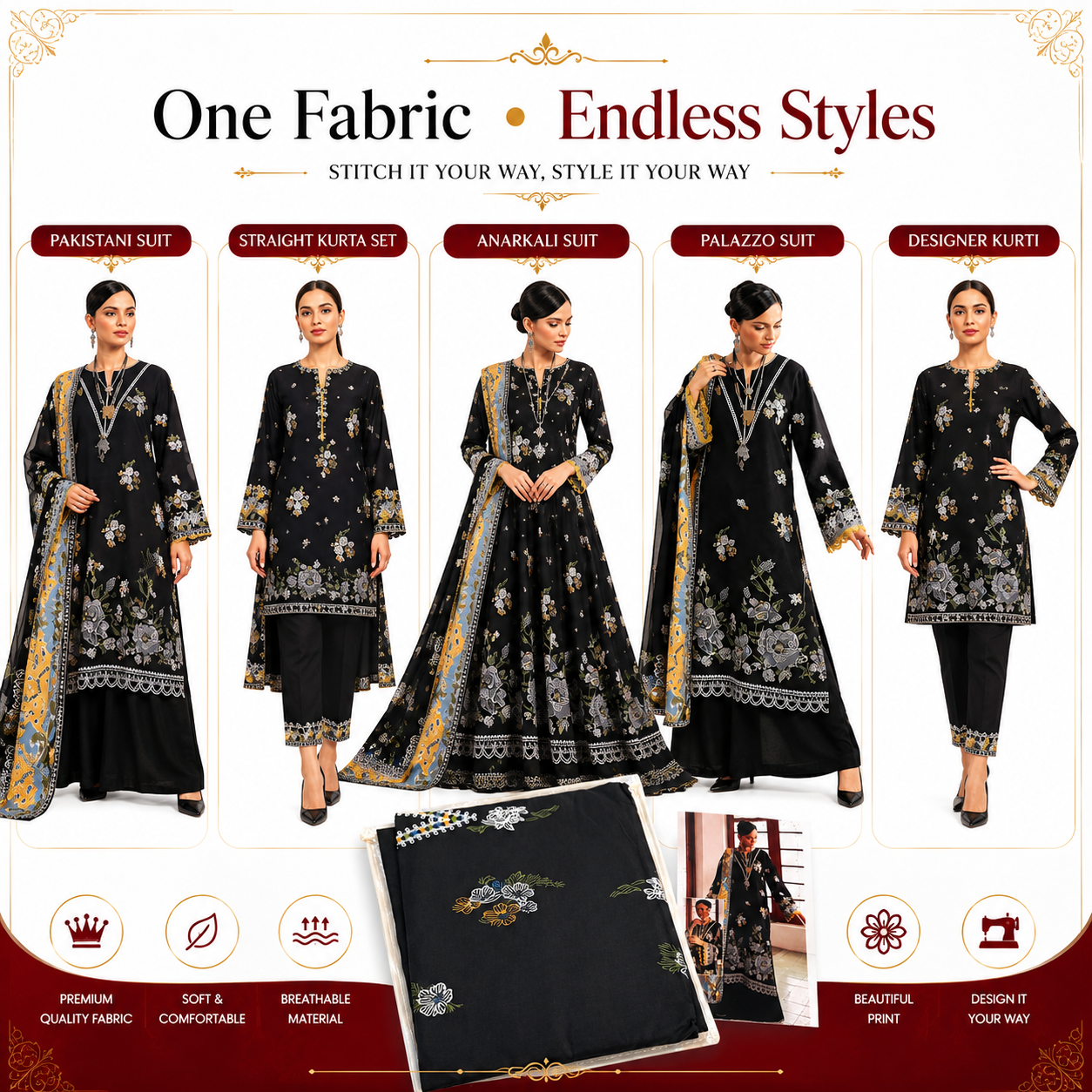 Premium Unstitched Dress Material – Black Embroidered Floral