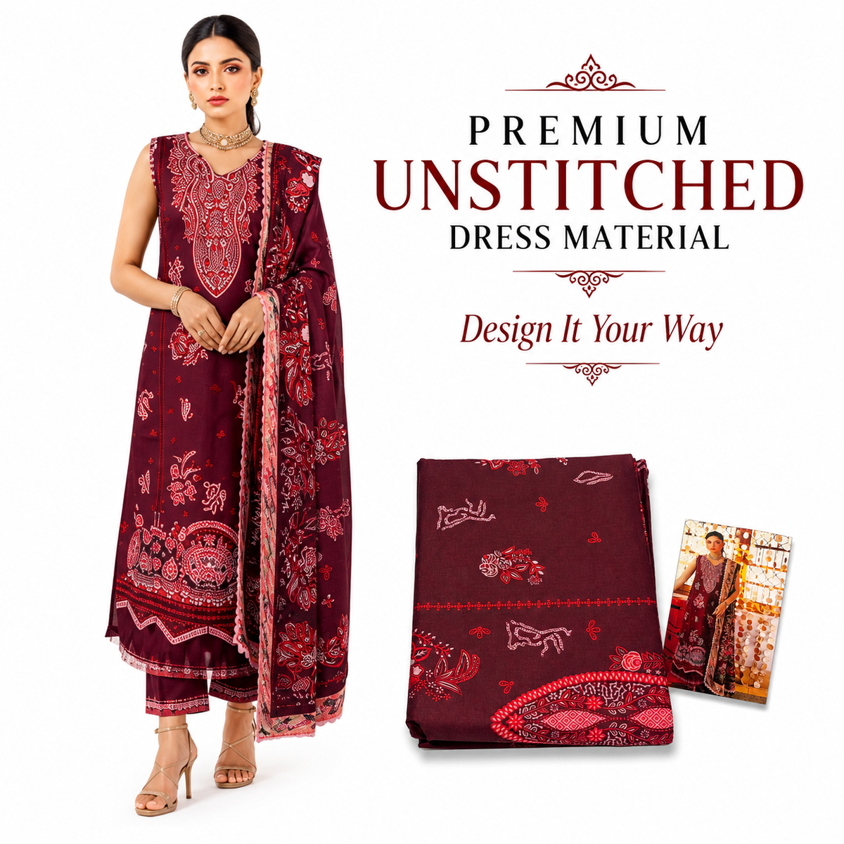 Premium Unstitched Dress Material – Maroon Bandhani Paisley Print