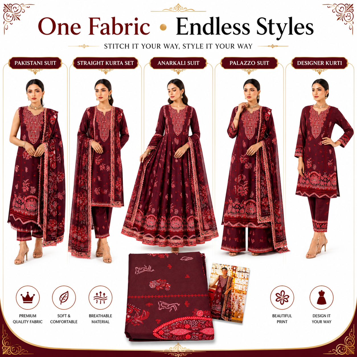 Premium Unstitched Dress Material – Maroon Bandhani Paisley Print