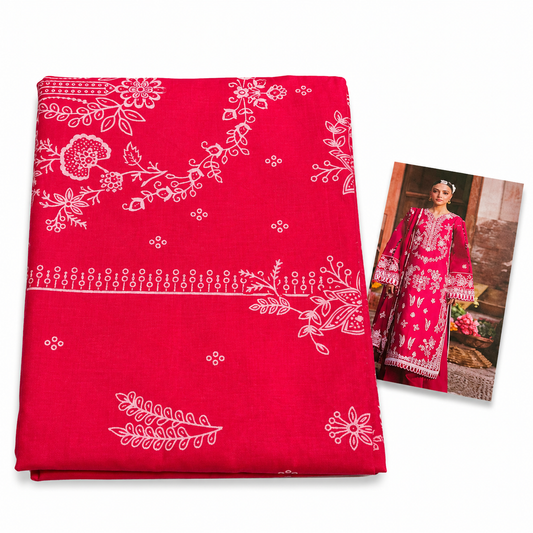 Premium Unstitched Dress Material – Red Chikankari Floral Print