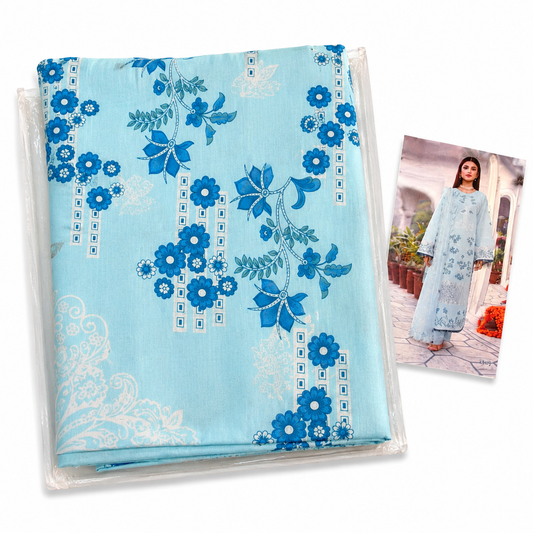 Premium Unstitched Dress Material – Sky Blue Floral Print