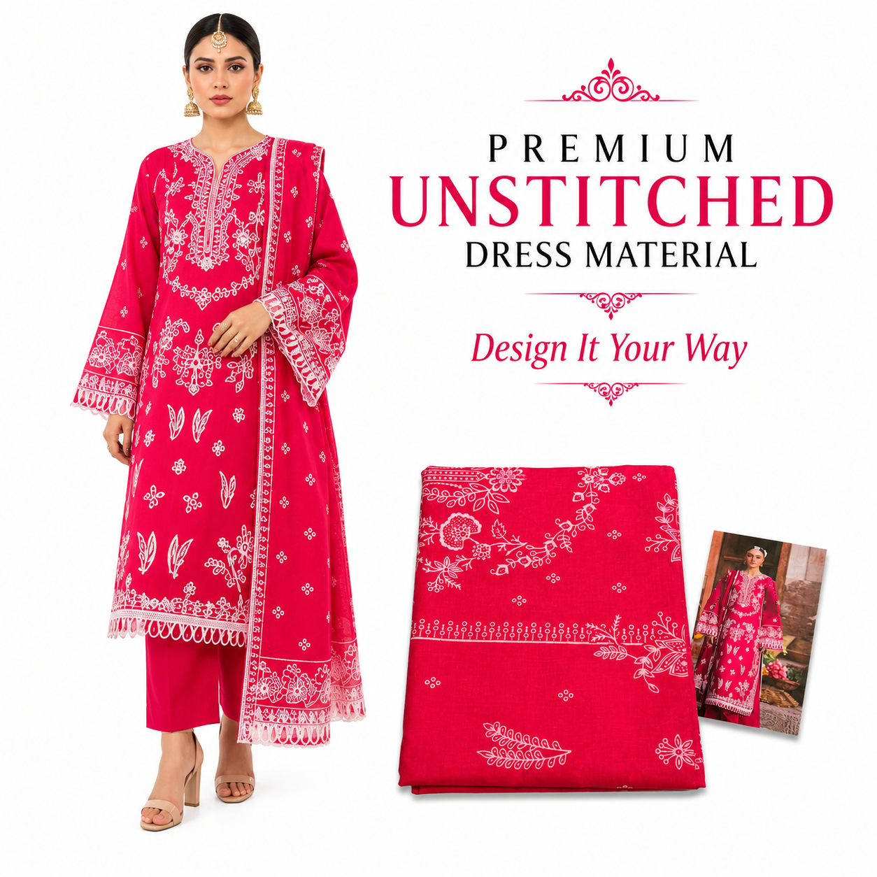 Premium Unstitched Dress Material – Red Chikankari Floral Print